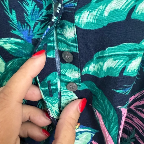 LOFT PALMS HENLEY SHIRT DRESS. TROPICAL PRINT. BELTED WAIST, FLOUNCY HEM. GUC - Picture 11 of 14
